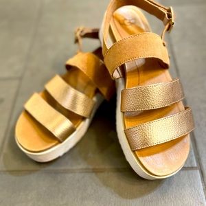 UGG leather and suede rose gold platform sandals